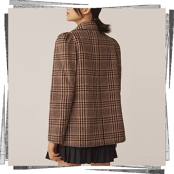 Browns & Red Plaid Puff Sleeve Wool Blend Jacket (S) by Maeve - Picture 3 of 5